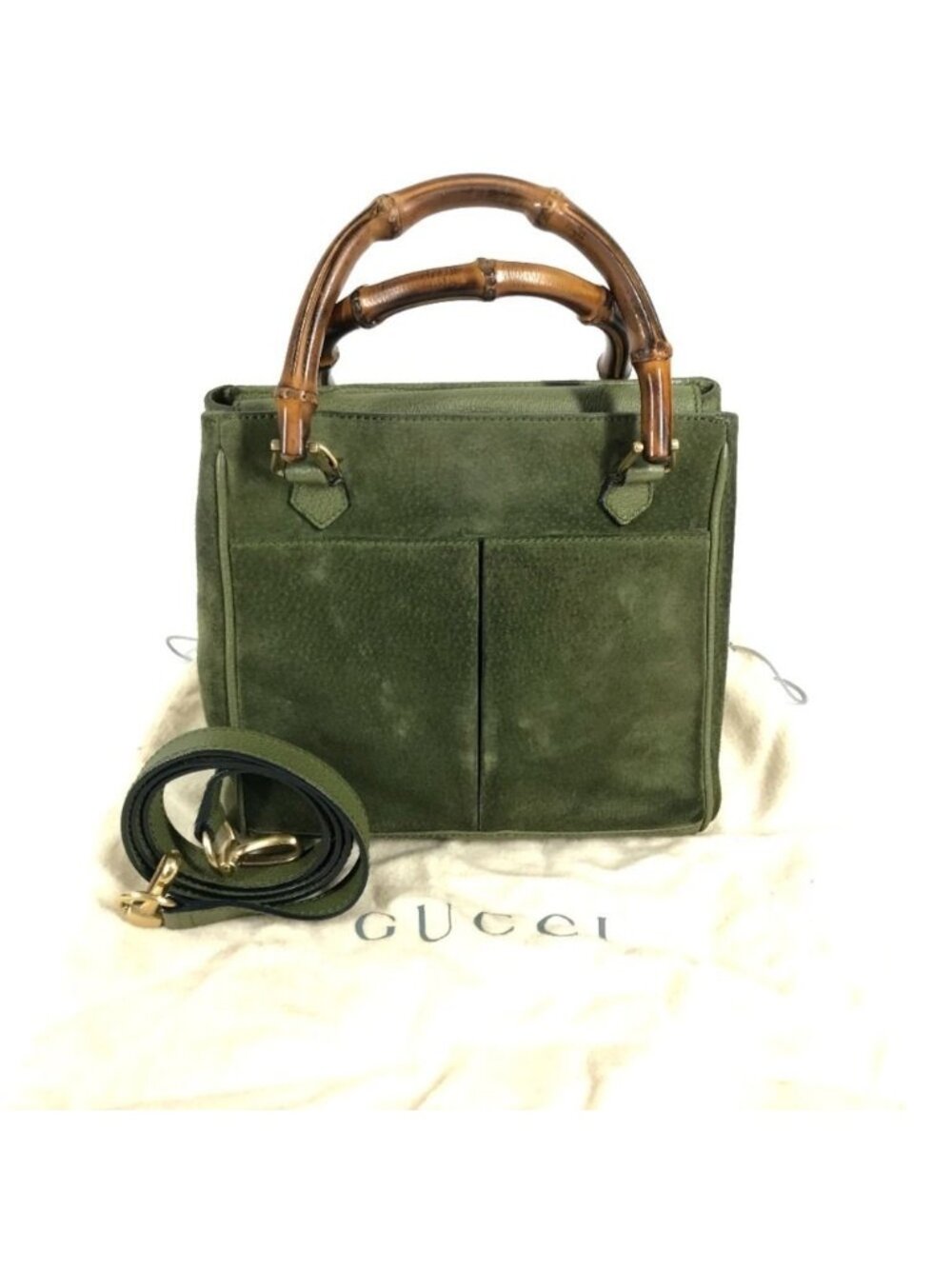 Gucci Shoulder Bag Bamboo 2-Way Vintage Suede Green